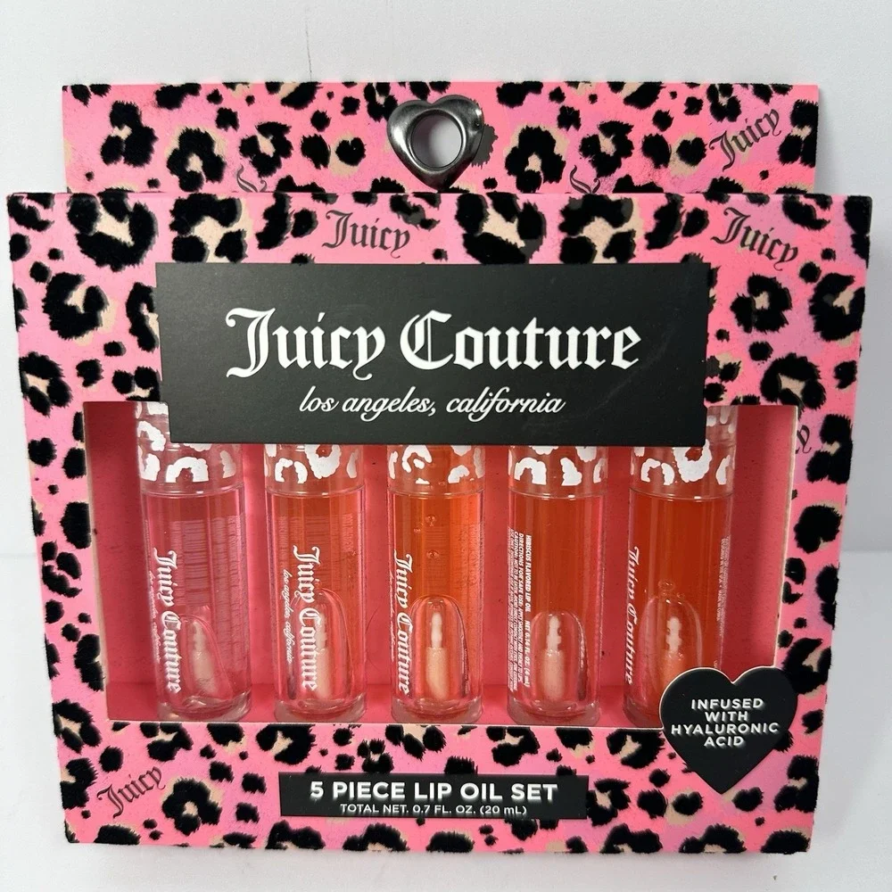 Juicy Couture Lip Oil Set 5 Piece Pink Leopard Hyaluronic Acid New‎